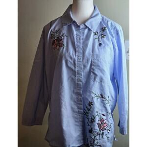 Grand & Greene Women's Button Up Blouse Vertical Blue/White Stripes Large Floral